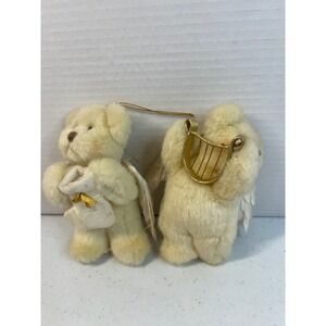 Russ Berrie Angel Teddy Bear Ornaments Set of 2 Cream Plush Feather Wings 5 Inch
